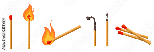 Matches set. Burning match with fire, match charcoal. Lights. Vector illustration cartoon style isolated on white background.
