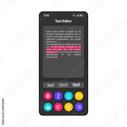 Text document editor smartphone interface vector template. Mobile app page color design layout. Changing text font screen. Flat UI for application. Highlighting essay phrases phone display