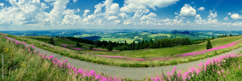Fototapeta premium wide panorama from Mount Wasserkuppe in Rhön Mountains, Hesse, Germany