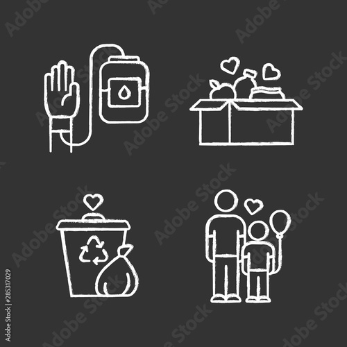 Volunteering chalk icons set. Altruistic activity. Blood and food donation, orphans care, garbage disposal. Isolated vector chalkboard illustrations