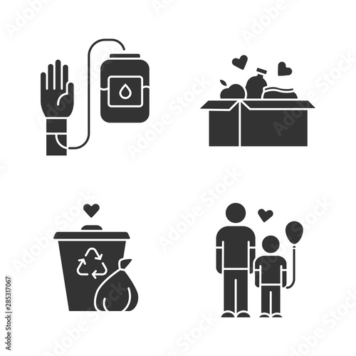 Volunteering glyph icons set. Altruistic activity. Blood and food donation, orphans care, garbage disposal. Silhouette symbols. Vector isolated illustration