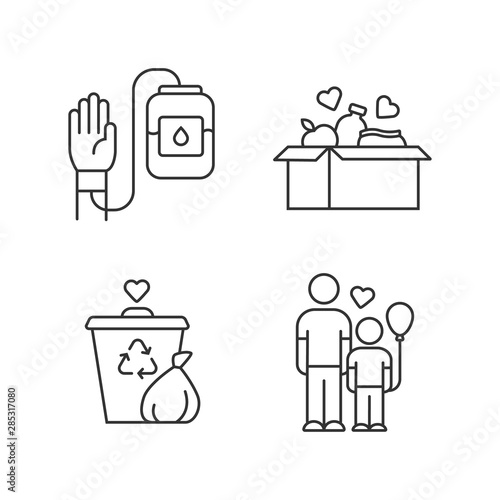 Volunteering linear icons set. Altruistic activity. Blood and food donation, orphans care, garbage disposal. Thin line contour symbols. Isolated vector outline illustrations. Editable stroke