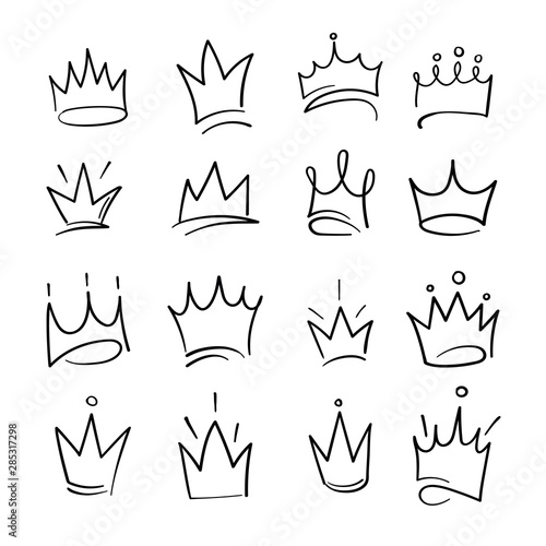 Hand drawn crowns logo set for queen icon  princess diadem symbol  doodle illustration  pop art element  beauty and fashion shopping concept