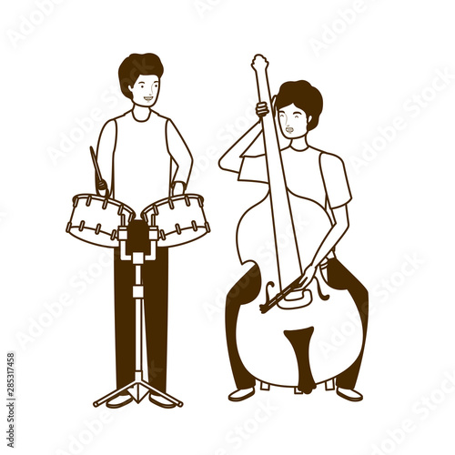 silhouette of men with musicals instruments on white background photo