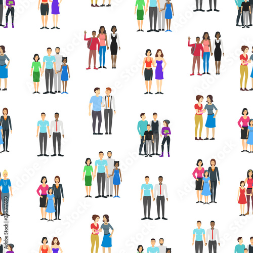 Cartoon Characters Different Homosexual Couples Families Seamless Pattern Background. Vector