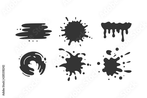 Black paint blots collection of vector icons. Cartoon paint splatters and ink splashes.