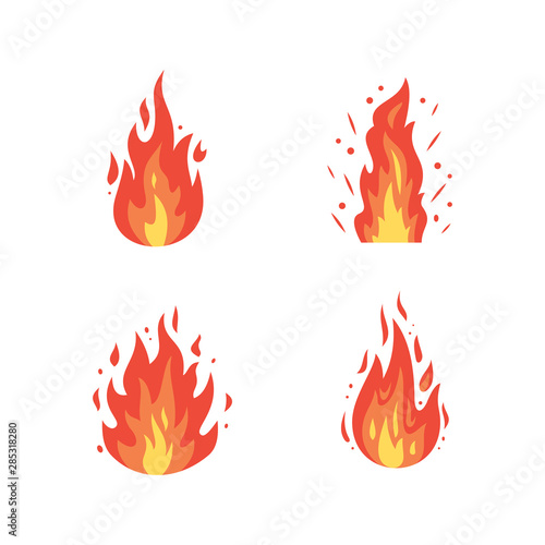Fire flame vector icons in cartoon style. Flames of different shapes. Fireball set, flaming symbols.