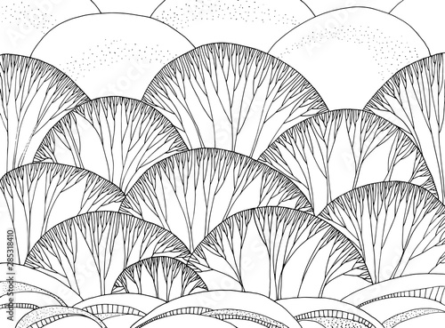 Black & white fantasy winter landscape, hand drawn line art. Curve trees. High resolution