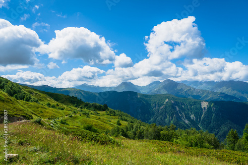 Svaneti landscape with mountains on the trekking and hiking route near Mestia village in Svaneti region, Georgia.