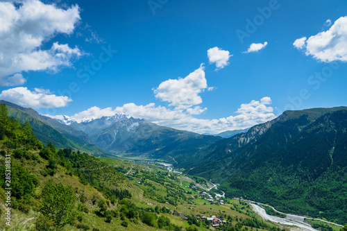 Svaneti mountain and village landscape at the trekking and hiking route near Mestia village in Svaneti region, UNESCO heritage area in Georgia.