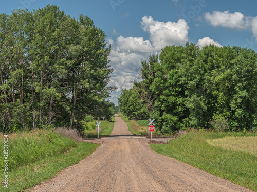 Rural rail road crossing at an unpaved dirt road with trees and blue sky and white clouds on a sunny summer day.