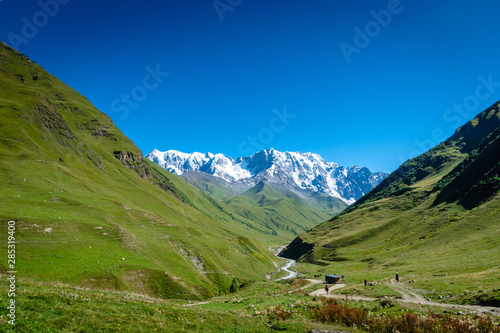 Ushguli landscape with mount Shkhara in the back in Svaneti region, Georgia.