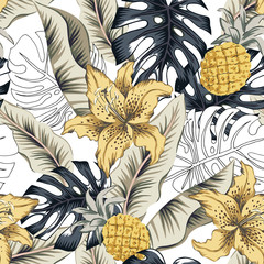 Keuken achterwand Ananas patronen Gele lelies ananas en monstera  © ojardin