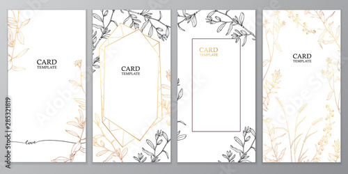Floral vector card set, invitation and greeting cards. Hand drawn gold and black line herb pattern on white background