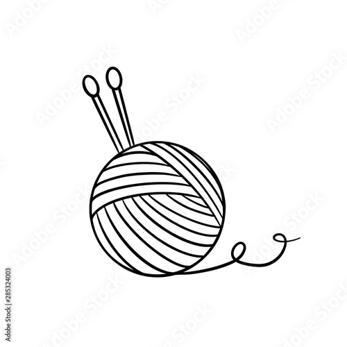 illustration of yarn ball and needles. For crocheting and knitting print, icons, web, logo, tags. Outline design. Isolated on white. 