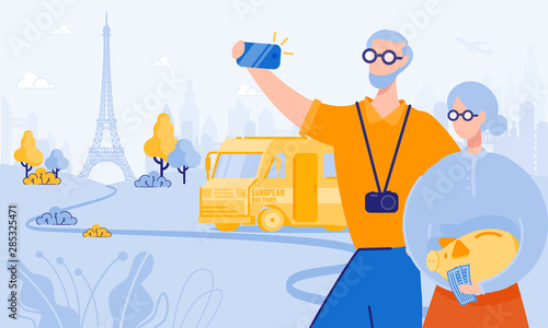 Elderly Man and Woman Take Selfie in Paris. Vector