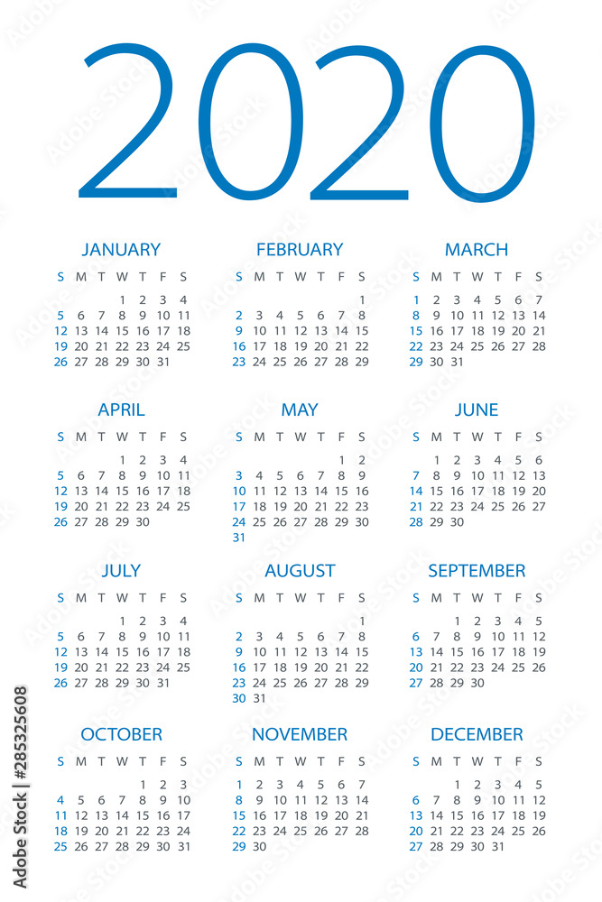 Calendar 2020 - illustration. Week starts on Sunday Calendar 2020 - illustration. Week starts on Sunday