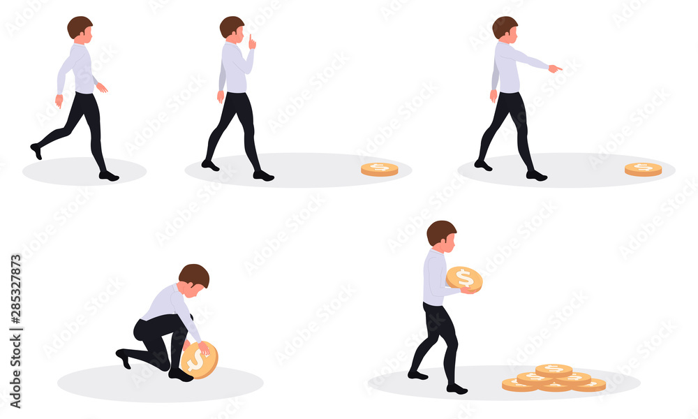 Man and gold dollar coins, character icon set in flat style, guy holds and stacks money vector illustration Man and gold dollar coins, character icon set in flat style, guy holds and stacks money vector illustration