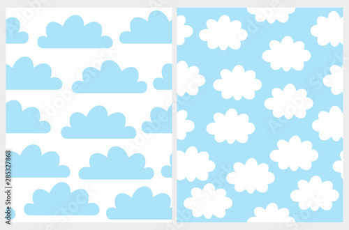 Simple Cloudy Vector Patterns. Cute Blue Clouds Isolated on a White Background. White Fluffy Clouds on a Blue Sky. 