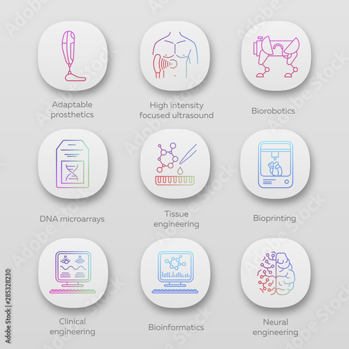 Bioengineering app icons set. Biotechnology. Molecular biology, biomedical and molecular engineering, bioinformatics. UI/UX user interface. Web or mobile applications. Vector isolated illustrations