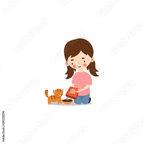 Cute little girl feeding a cat. Raster illustration in flat cartoon style