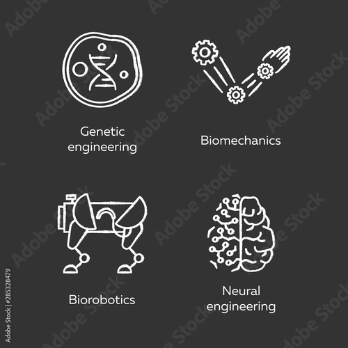 Bioengineering chalk icons set. Changing and creating organisms. Genetic engineering, biomechanics, biorobotics, neural engineering. Biotechnology. Isolated vector chalkboard illustrations