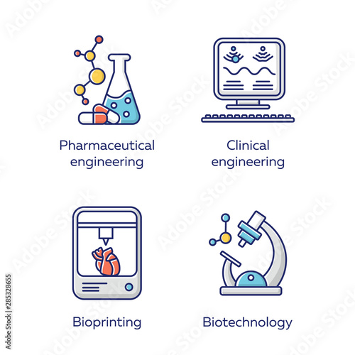 Bioengineering color icons set. Medical technologies research and diseases treatment. Pharmaceutical and clinical engineering, bioprinting, biotechnology. Isolated vector illustrations