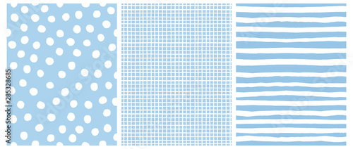 Hand Drawn Childish Style Seamless Vector Pattern Set. White Horizontal  Stripes on a Blue Background. White Grid On a Blue Layout. White Polka Dots on a Blue.  Cute Simple Geometric Design.