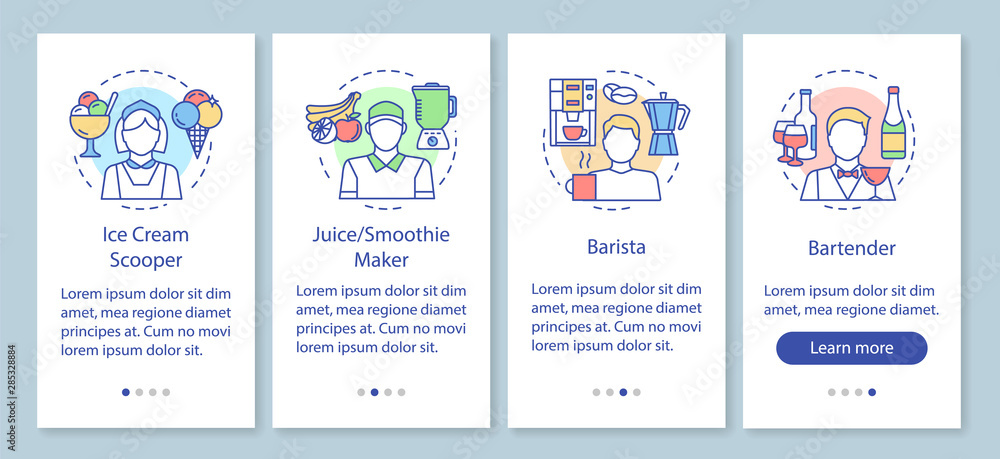Cafe & fast food industry part-time job onboarding mobile app page screen with linear concepts. Barista, bartender walkthrough steps graphic instruction. UX, UI, GUI vector template with illustrations