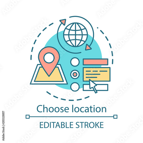 Choose location concept icon. Planning travel destination idea thin line illustration. Route choosing. Pointer mark on navigation map. Searching location. Address indicator. Editable stroke