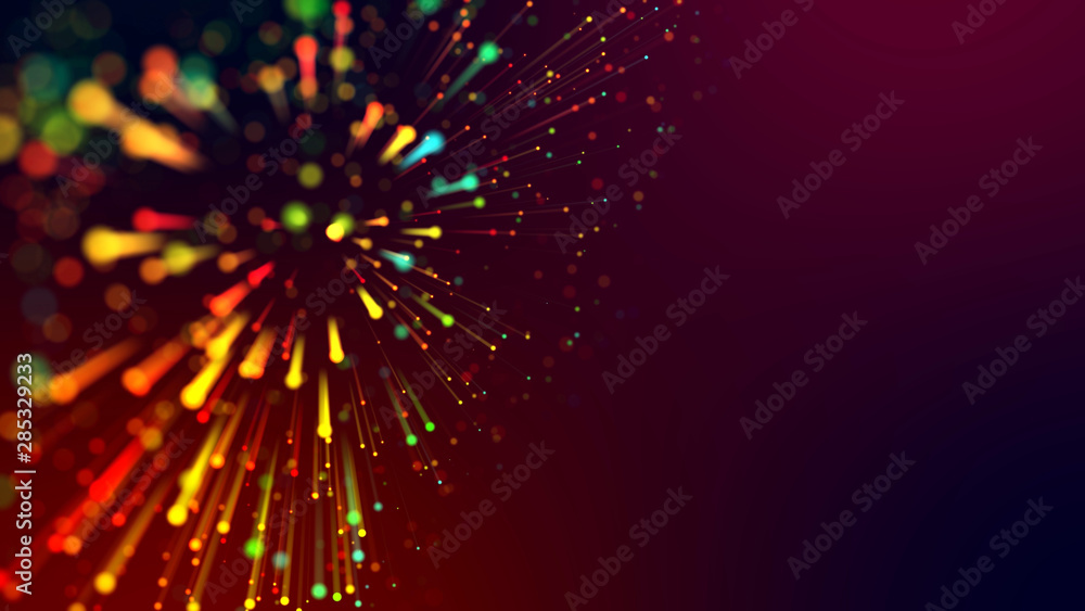 Naklejka premium 3d abstract beautiful background with colorful glowing particles, depth of field and bokeh effect. Abstract explosion of multicolored shiny particles or light rays like laser show.