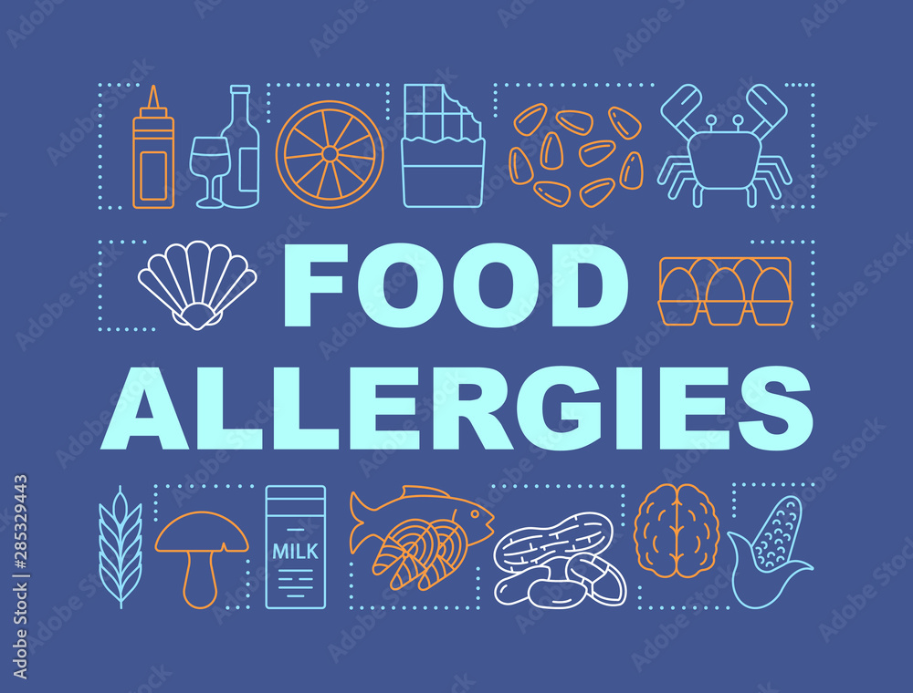 Food allergies word concepts banner. Allergic reaction to eggs, seafood, milk, nuts, alcohol. Presentation, website. Isolated lettering typography idea with linear icons. Vector outline illustration