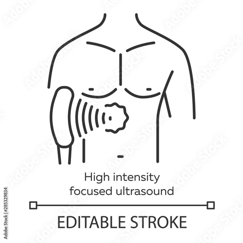 High intensity focused ultrasound linear icon. HIFU. Non-invasive therapeutic technique. Thin line illustration. Contour symbol. Vector isolated outline drawing. Editable stroke