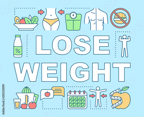 Lose weight word concepts banner. Healthy lifestyle presentation, website. Isolated lettering typography idea with linear icons. Vitamin diet, slimming, calories burn. Vector outline illustration