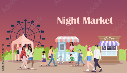 Night market flat vector illustration. Summer fair banner design. Fairground with street food market stalls. Amusement park, funfair attractions entertainment. City festival, carnival advertising