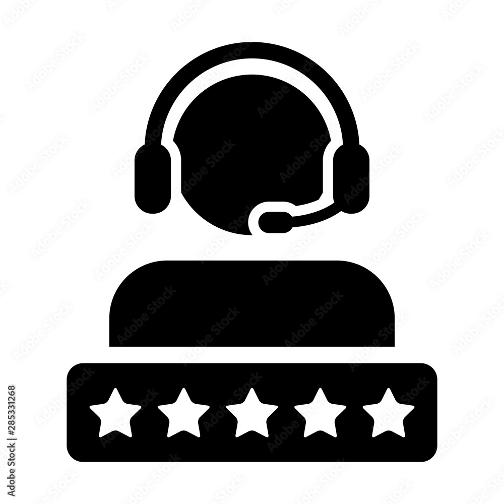 Satisfaction icon vector male support customer care service person profile avatar with a headphone and a star rating for online assistant in glyph pictogram illustration Satisfaction icon vector male support customer care service person profile avatar with a headphone and a star rating for online assistant in glyph pictogram illustration