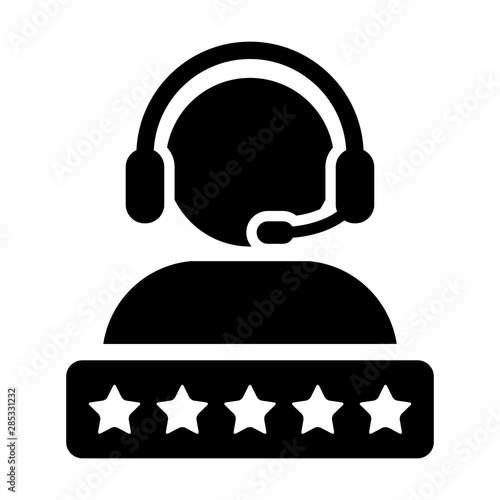 Customer care icon vector male support service person profile avatar with a headphone and a star rating for online assistant in glyph pictogram illustration