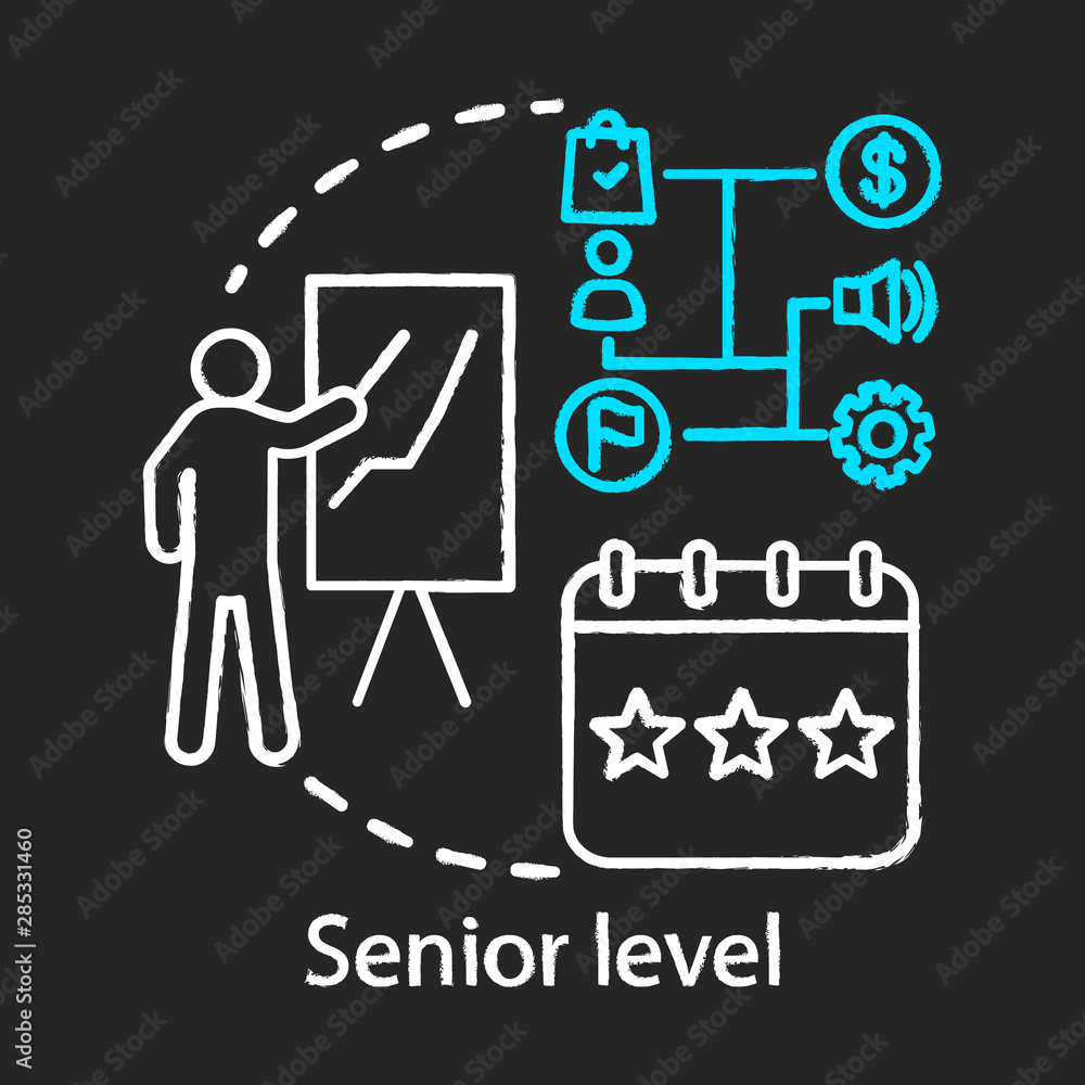 Senior level chalk icon. Profession level. Top management. High and authoritative position. Work experience. High-ranking employee. Professional career. Isolated vector chalkboard illustration