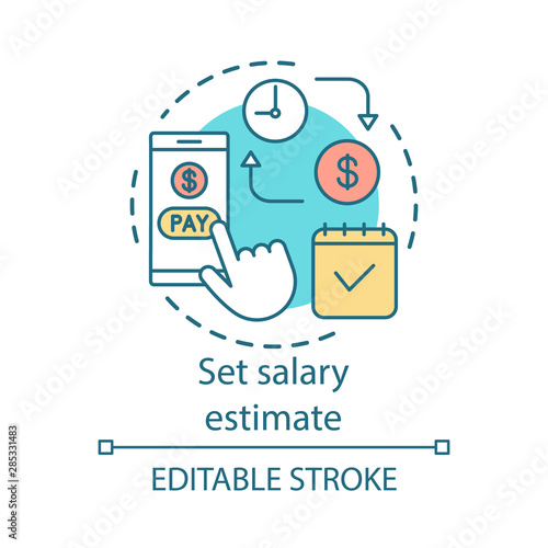 Set salary estimate concept icon. Wage payment idea thin line illustration. Budget calculation, accounting. Online billing service. Financial calendar. Vector isolated outline drawing. Editable stroke