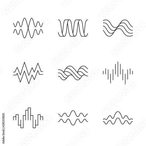 Sound waves linear icons set. Music rhythm, heart pulse. Audio waves, sound recording and signals. Digital waveforms. Thin line contour symbols. Isolated vector outline illustrations. Editable stroke