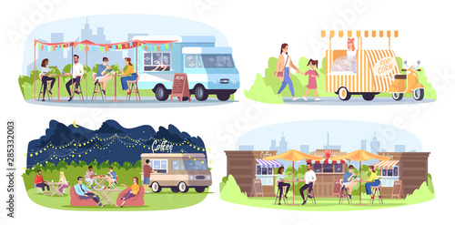Street food festival flat vector illustrations set. City fest. Park cafe. Summer outdoor rest in town. Ready takeaway meal kiosks, walking, eating, chatting people isolated cartoon characters