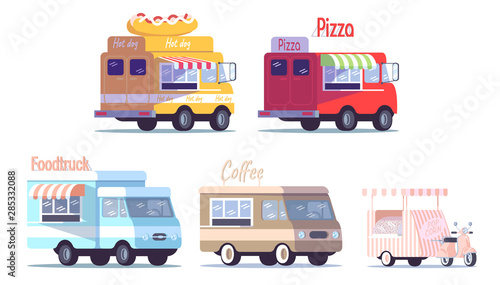 Street food trucks flat vector illustrations set. Ready takeaway meal vehicles. Restaurant, cafe on wheels. Cars for selling hot dogs, pizza, coffee, popcorn isolated cartoon on white background