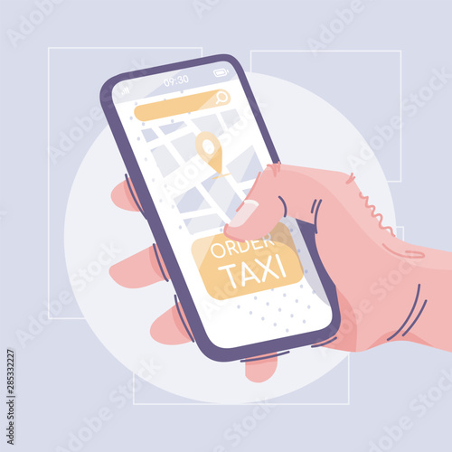Taxi delivery application flat vector illustration. Cab order, chauffeur service cartoon concept. City travel, urban transportation idea. Client hand holding smartphone with map. Mobile technology