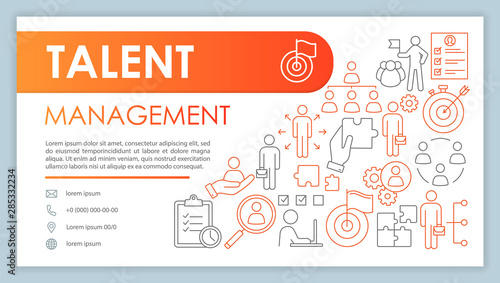 Talent management web banner, business card vector template. Recruitment company contact page with phone, email linear icons. Presentation, web page idea. HR agency corporate print design layout