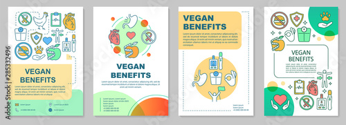 Vegan benefits brochure template layout. Vegetarian lifestyle advantages flyer, booklet print design with linear illustrations. Vector page layouts for magazines, annual reports, advertising posters