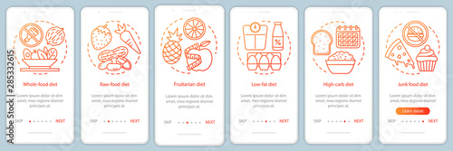 Vegan diets onboarding mobile app page screen vector template. Vegetarian lifestyle walkthrough website steps with linear illustrations. Nutrition plan. UX, UI, GUI smartphone interface concept