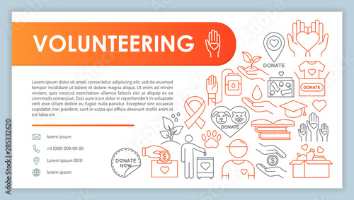 Volunteering web banner, business card vector template. Charity company contact page with phone, email linear icons. Philanthropy activity presentation, web page idea. Corporate print design layout photo