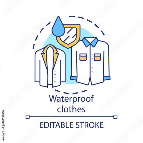 Waterproof clothes concept icon. Moisture resistant autumn clothing idea thin line illustration. Hydrophobic textile, fabric waterproof properties. Vector isolated outline drawing. Editable stroke