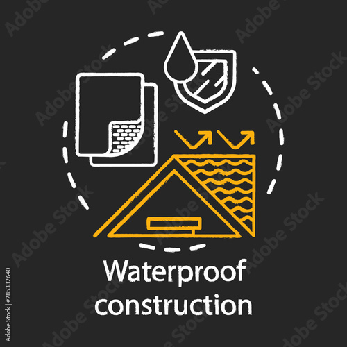 Waterproof construction chalk concept icon. Water resistant building materials idea. Hydrophobic coating, covering substances for roof moisture protection. Vector isolated chalkboard illustration