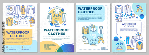 Waterproof clothes brochure template layout. Flyer, booklet, leaflet print design with linear illustrations. Hydrophobic textile. Vector page layouts for magazines, annual reports, advertising posters